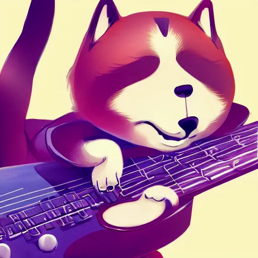 Image similar to shiba inu man, anthropomorphic, Anthro, furry, plays guitar, Artstation