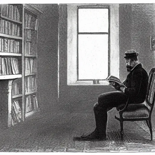 Prompt: a man reading a book by the fireplace in a gloomy atmosphere of the 19th century