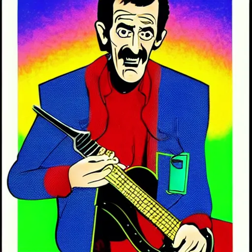 Image similar to Barry Chuckle Shredding on an electric guitar in the style of Jean Giraud