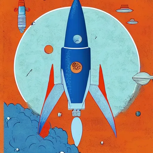 Prompt: blue v2 rocket in space in tin tin style, fruit orange as a planet, intricate sci-fi poster by Denis Villeneuve