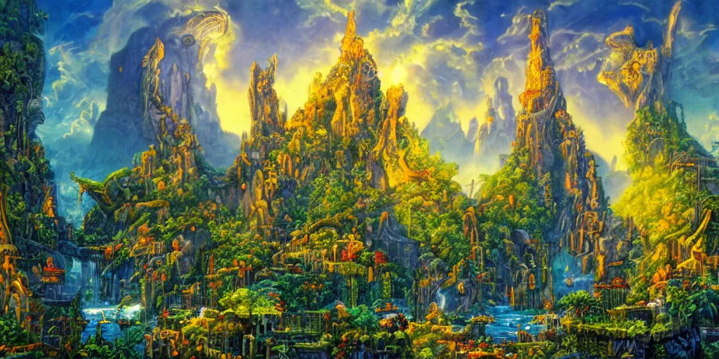 Image similar to fantasy oil painting, regale, fortress mega structure city, atlantis, colossus of rhodes gateway, hybrid, looming, warm lighting, overlooking, epic, lush plants flowers, rainforest mountains, bright clouds, luminous sky, outer worlds, cinematic lighting, michael cheval, michael whelan, oil painting, natural tpose