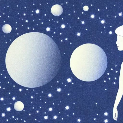 Prompt: woman and man against the background of the planet mercury in blue and white