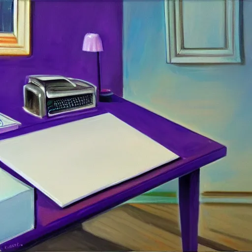 Image similar to realistic panting of a desk on a purple field blue clouds highly detailed trending on art station