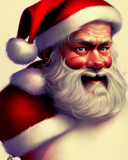 Prompt: portrait of a small santa claus sitting in a bigger santa's lap by greg rutkowski, artgerm, artstation, perfect faces, fine details