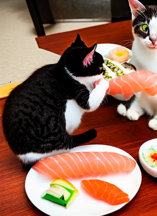 Image similar to clear photograph of cute cats stealing sushi from sushi plates