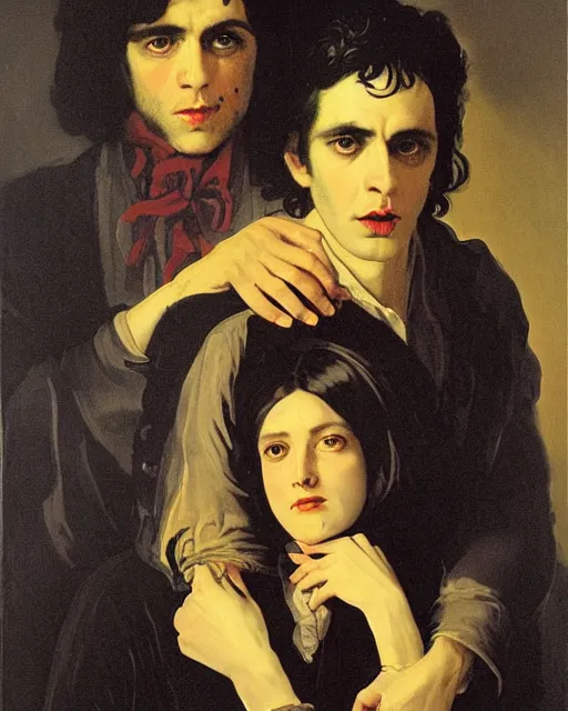 Image similar to a baroque painting of two beautiful but sinister men wearing oxford shirts in layers of fear, with haunted eyes and dark hair, 1 9 7 0 s, seventies, wallpaper, a little blood, moonlight showing injuries, delicate embellishments, painterly, offset printing technique, by brom, robert henri, walter popp