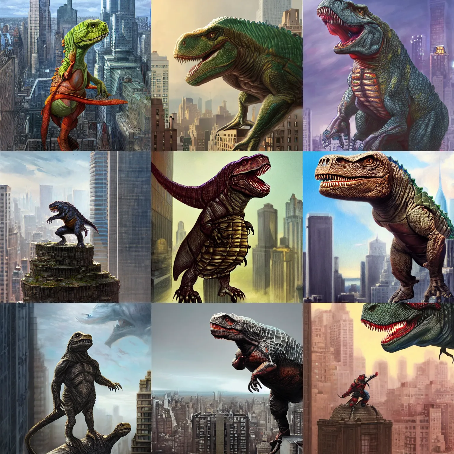 Prompt: T-rex Ninja Mutant Turle standing on a top of building in New York watching over the city, D&D, fantasy, highly detailed, digital painting, trending on artstation, concept art, sharp focus, illustration, art by artgerm and greg rutkowski and magali villeneuve