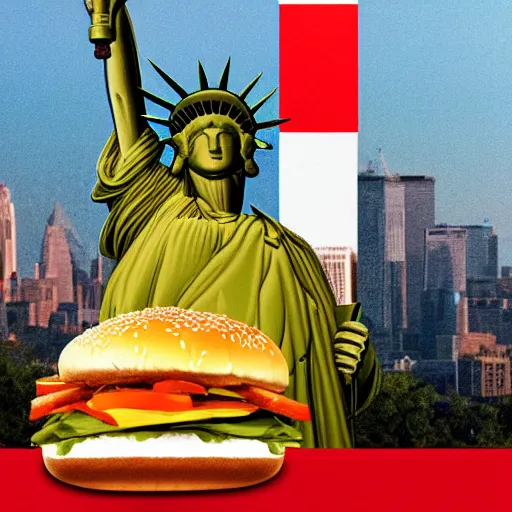 Prompt: the statue of liberty holding a burger realistic