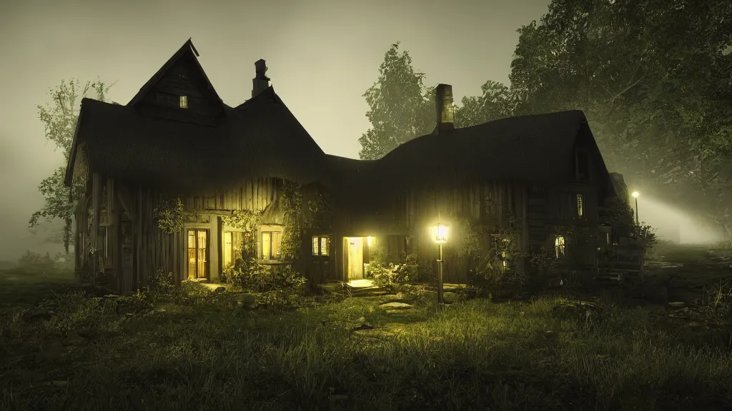 Image similar to A dark shadowy cottage at night, hyperrealistic, Cryengine 8k UHD