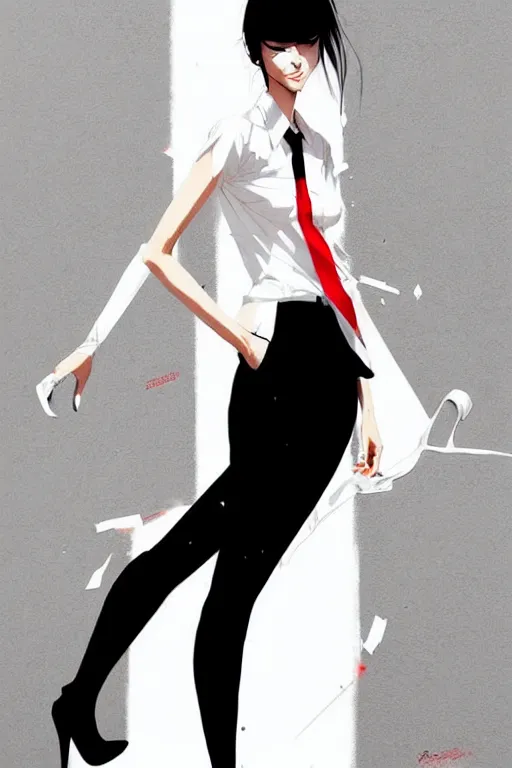 Image similar to a ultradetailed beautiful panting of a stylish woman, she is wearing a white shirt with a tie and black pants, by conrad roset, greg rutkowski and makoto shinkai trending on artstation