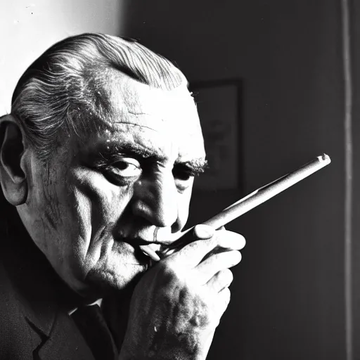 Image similar to beautiful professional black and white portrait photograph of lino ventura smoking, hyperrealistic, studio lighting, stunning, 4 k