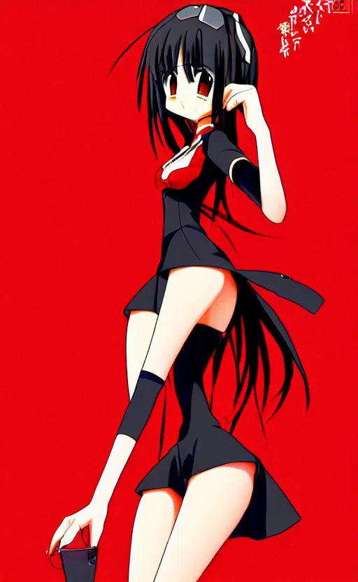 Image similar to anime girl with a detailed face and black hair in a red outfit, full body, trending, wide shot, illustration, by hiroyuki imaishi