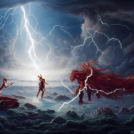 Prompt: gods fighting against the surrealistic outer enemies, scene of myth, cosmic horror, lightening, thunder, tornado, apocalypse, artgerm style, high quality, high definition digital art, highly detailed 8K