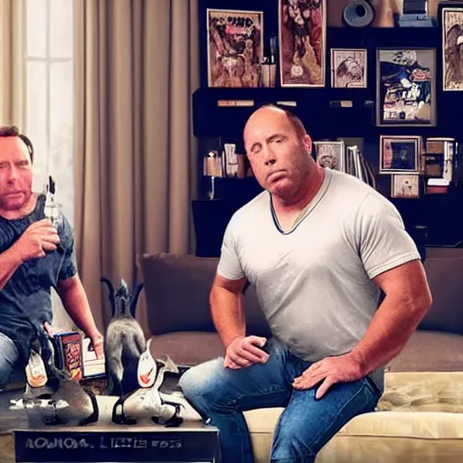 Image similar to alex jones and squirrel squad in living room drinking modelos