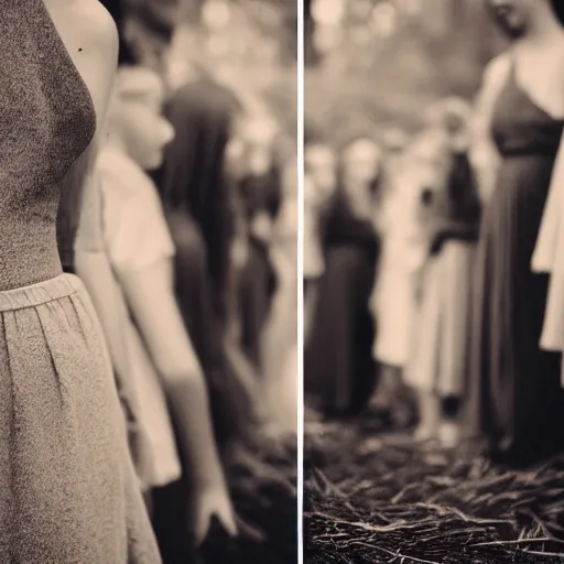 Prompt: 1 0 girls lined up of different ages from left to right, 5 0 mm lens, f 1. 4, sharp focus, ethereal, emotionally evoking, head in focus, volumetric lighting, blur dreamy outdoor,