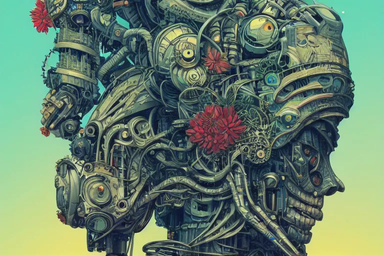 Image similar to gigantic mecha head with lot of details, a lot of exotic vegetation, trees, flowers by moebius, dull colors, junji ito, tristan eaton, victo ngai, artgerm, rhads, ross draws, hyperrealism, intricate detailed, risograph