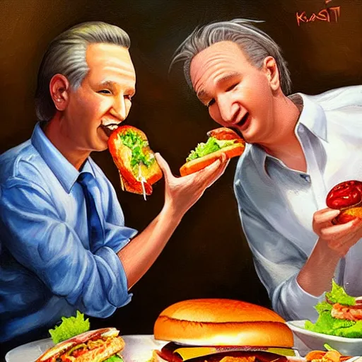 Prompt: portrait of bill maher feeding bill maher giant hamburgers, extra bacon lettuce and tomatoes, an oil painting by ross tran and thomas kincade