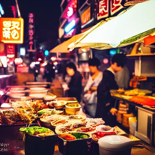 Image similar to very appetizing Japanese street food, food photography, street lights, 8k UHD