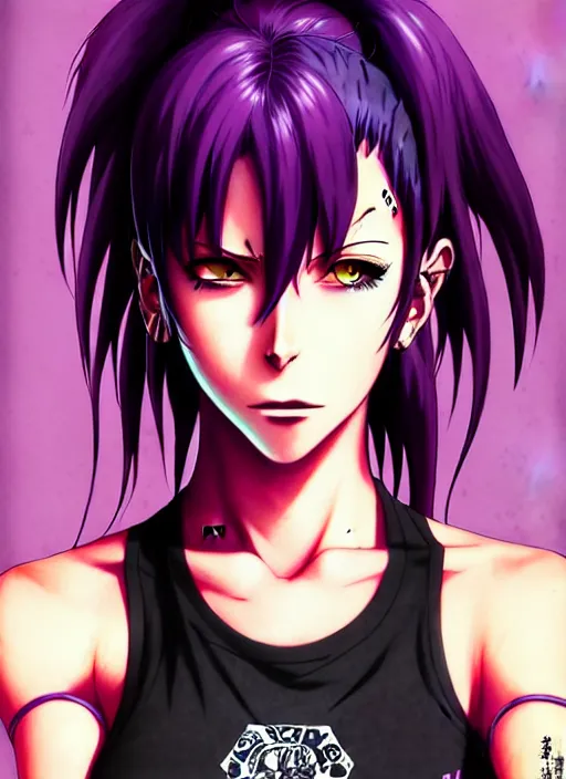 Prompt: revy black lagoon, purple hair, black tank top, jean shorts, tribal sleeve left arm, portrait shinkai makoto, studio ghibli, studio key, madhouse anime studio, artgerm, lau rossdraws james jean marc simonetti pixiv