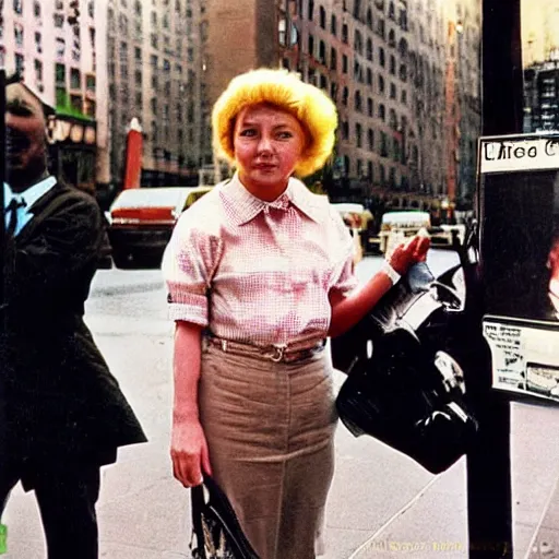 Image similar to street photograph portrait in new york from the year 1 9 6 0, ultra - detailed hyper - realistic lifelike, photographed on colour film