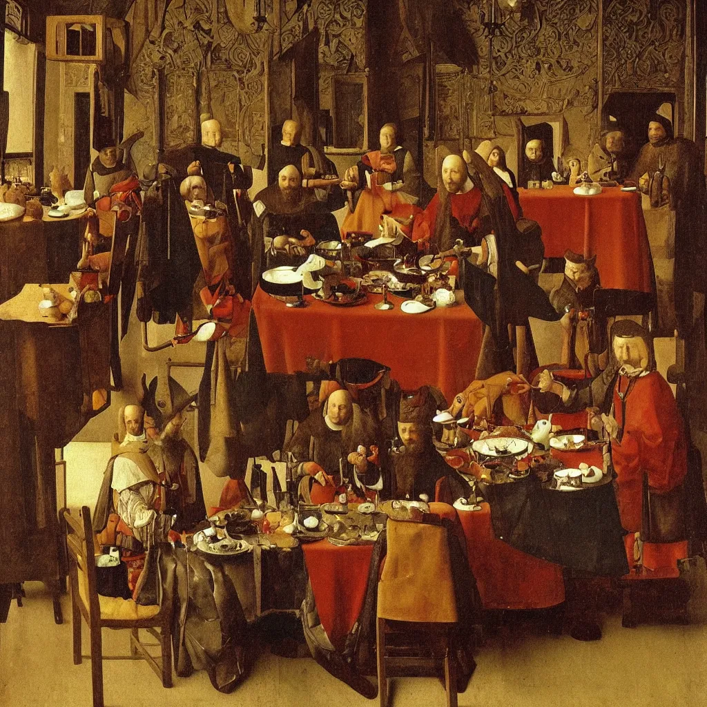 Image similar to Noble lunch. They dined in a large, richly furnished room. There were a lot of food on the table. Medieval painting by Jan van Eyck, Johannes Vermeer, Florence,