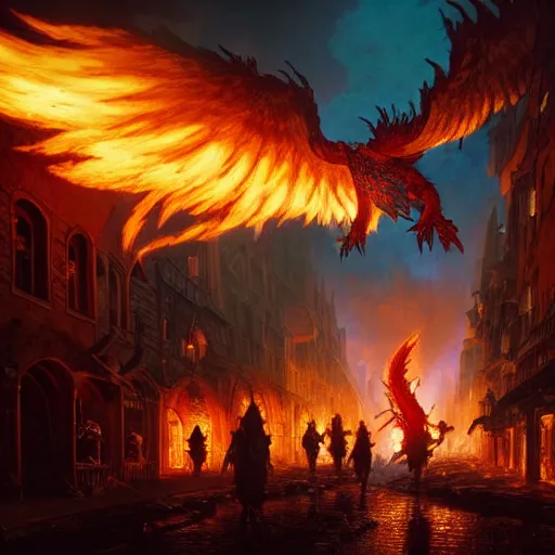 Image similar to Phoenix in fire flying through a medieval town by night, buildings in fire, dark, destruction, post-apocalyptic, DnD character, unreal engine, octane render, dramatic lighting, pond, digital art, by Stanley Artgerm Lau, greg rutkowski, thomas kindkade, alphonse mucha, loish, norman Rockwell