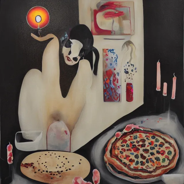 Prompt: a portrait in a female artist's apartment, organic, a woman holding a smouldering brain, cracked japanese pottery vase, sensual, smokey burnt envelopes, candles, white flowers, puddle of milk, octopus, squashed berries, pizza box, pancakes, black underwear, neo - expressionism, surrealism, acrylic and spray paint and oilstick on canvas