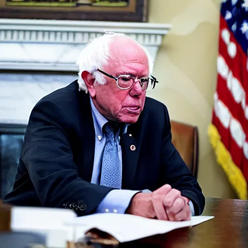 Prompt: president bernie sanders behind the desk in the oval office