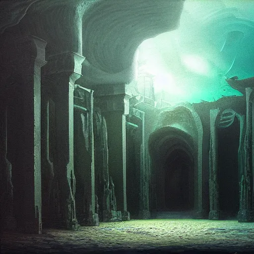 Prompt: inside the temple of dagon submerged beneath the ocean by pieter s aenredam