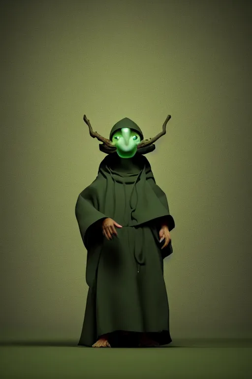 Image similar to A cute shaman with no nose, glowing eyes and a very long hooded dark green cloak of leaves by Vivien Lulkowski and Julien Kaspar, 3D render, stylized, Cycles Render