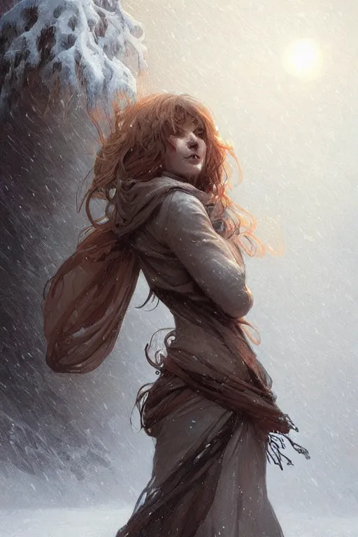 Prompt: a horrific creature pretending to be a person in a snowstorm, intricate digital painting artstation concept art smooth sharp focus illustration, art by artgerm and paul chadeisson and greg rutkowski and alphonse mucha