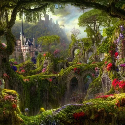 Prompt: a beautiful and highly detailed matte painting of a beautiful castle in a magical fantasy forest garden, colorful flowers and trees, psychedelic vegetation, epic scale, insanely complex, hyperdetailed, sharp focus, hyperrealism, artstation, cgsociety, 8 k, bright colors, by caspar friedrich, albert bierstadt, james gurney, brian froud,
