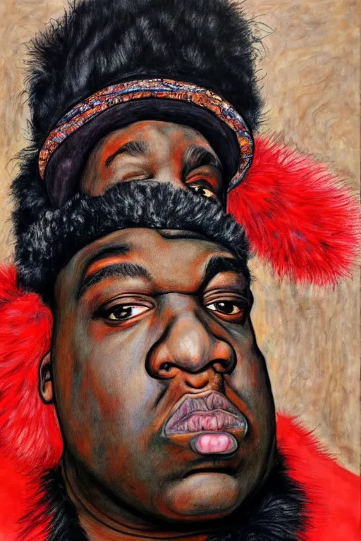 Image similar to a portrait of biggie smalls wearing boho - chic style clothes, with a fur muffler, full body!!, realistic painting in egon schiele style, masterpiece, hyperdetailed, complex, intricate, 4 k, hyperrealistic, trending on artstation