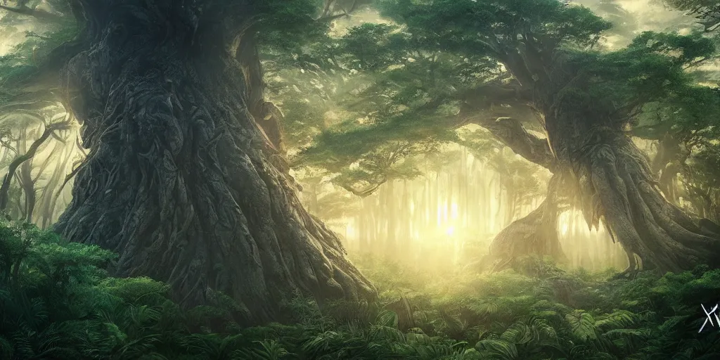 Prompt: giant monster, forest, tree tops, 4 k, artgerm, high detail, dramatic lighting, sunset, hayao miyazaki, masashi ando, nizou yamamoto, kazuo oga, joe hisaishi, yoji takeshige, naoya tanaka