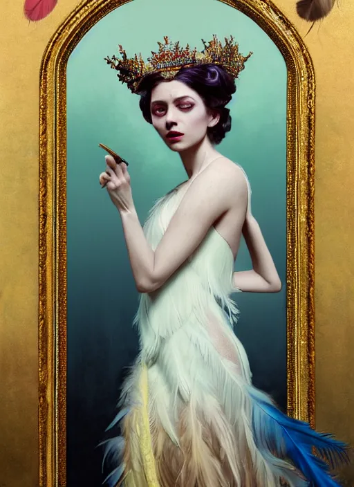 Prompt: ombre velvet gown, feathers, lovely queen, portrait, long hair, small crown with pearls, long pearl necklaces, feral languid woman, by greg rutkowski, anato finnstark, alphonse mucha, global illumination, radiant light