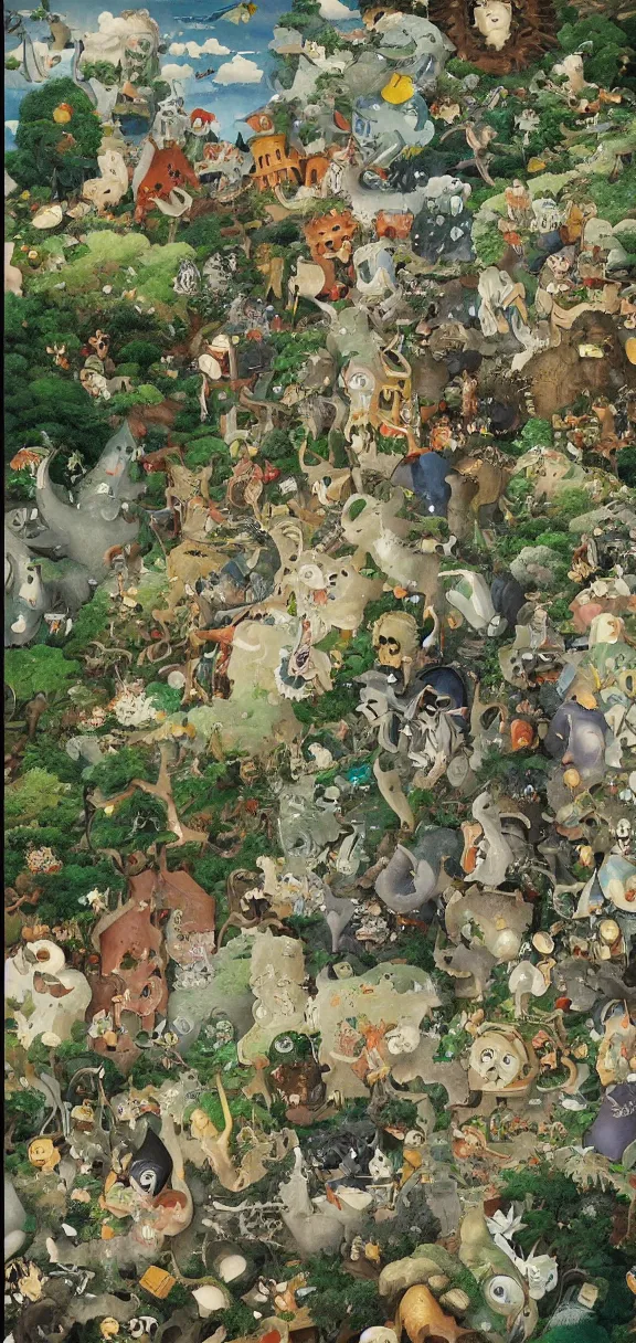 Image similar to an incredibly detailed masterpiece collaborative painting by bosch and studio ghibli, ornate, detailed, high resolution, wow!, intricate