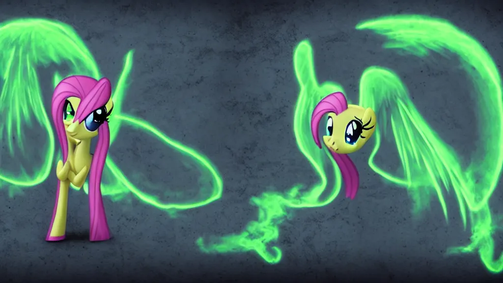 Prompt: 3D Fluttershy from My Little Pony as a necromancer, standing over a tomb stone, bright green swirls coming up it, glowing aura around her, pitch black background, dramatic and colorful lighting, floating green chibi glowing skulls, smoke all around, insane special effects, unrealengine, 4k, HDR, unique camera angle, bones lying on the ground, inside a crypt, skeletons rising from the dead