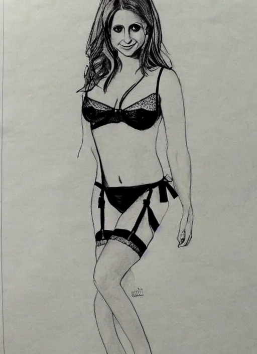Prompt: pencil sketch of sarah gellar wearing lingerie, old paper.