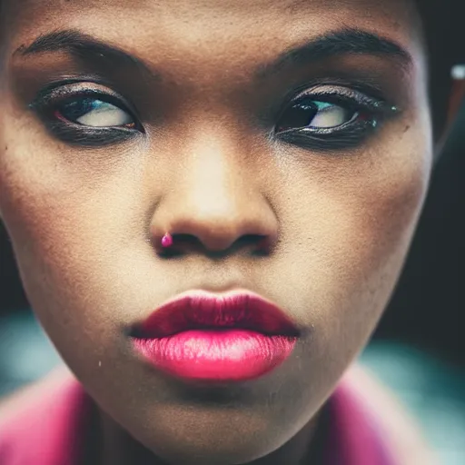 Image similar to portrait face of a beautiful gorgeous black edgy model girl with short hair, she's sad, sunset, street of hong kong, 8 0 mm lens, 1. 2 aperture, grainy image, close up, cinematic light, 8 k, 4 k, very detailed, depressing atmosphere, cover magazine