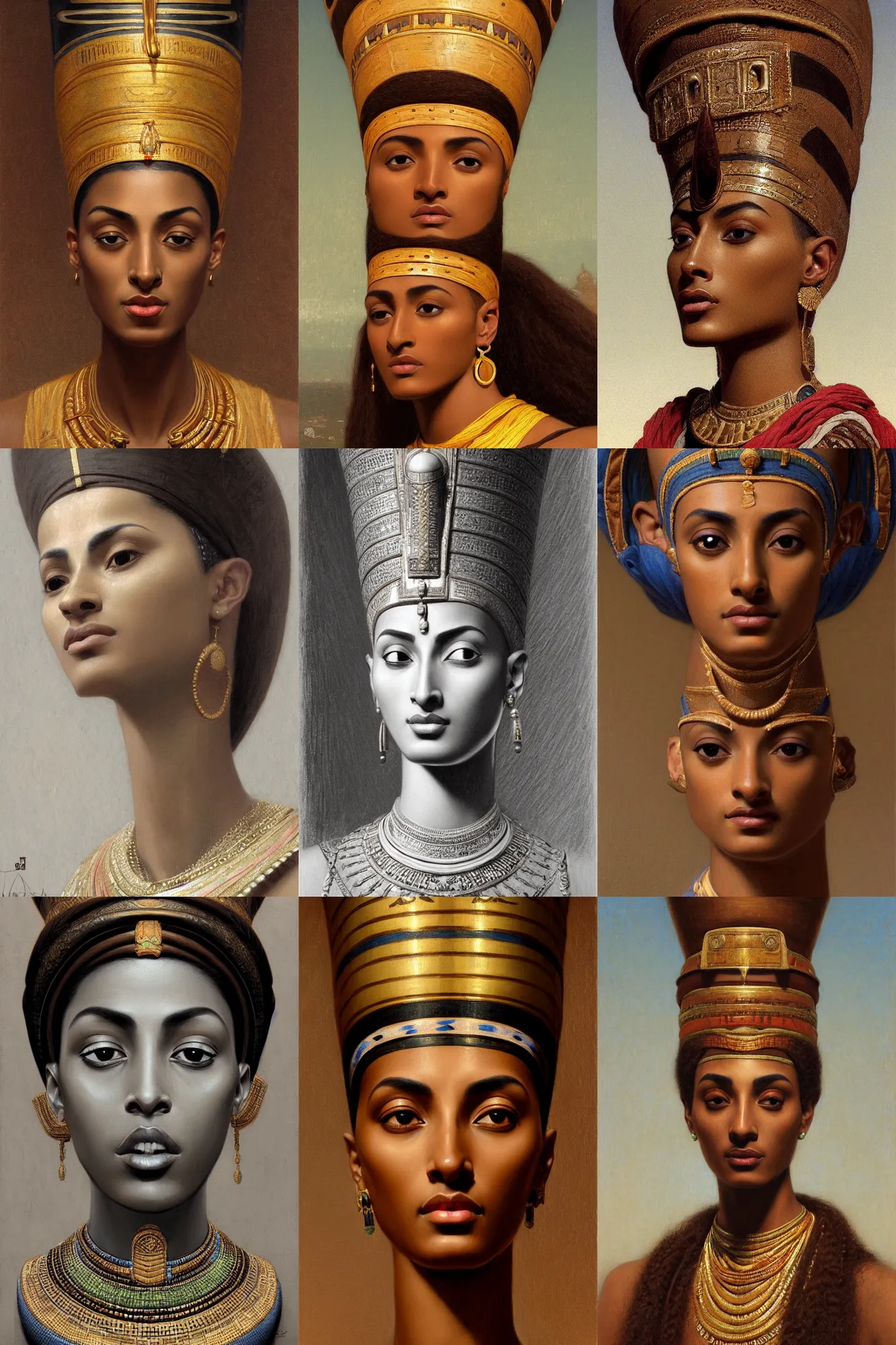 Prompt: brown skin queen nefertiti portrait close-up, highly detailed, digital painting, artstation, concept art, sharp focus, illustration, orientalism, edwin long, bouguereau