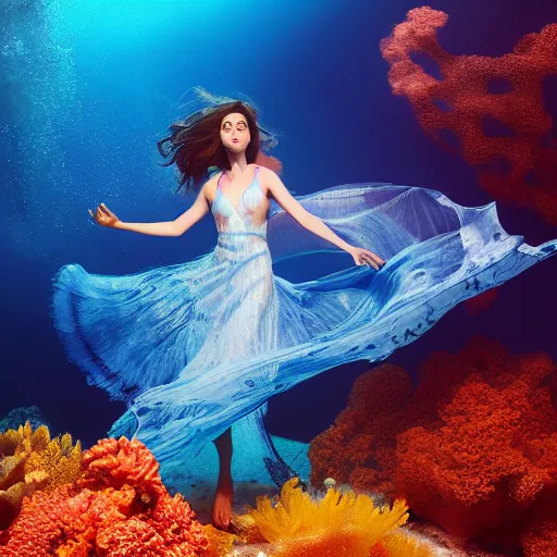 Image similar to beautiful realistic woman dancing underwater wearing a flowing dress made of blue, magenta, and yellow seaweed, delicate coral sea bottom, swirling silver fish, swirling smoke shapes, octane render, caustics lighting from above, cinematic