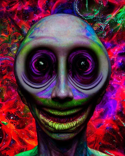 Image similar to realistic portrait of a alien experiment gone wrong, psychedelic, dark art, facing camera, photo realistic, detailed, 1 4 5 0, delicate, hyper realism, ultra realistic, 8 k