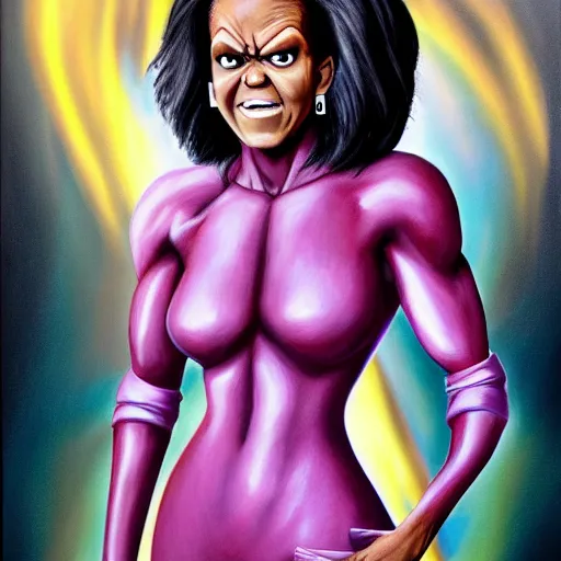 Image similar to ultra realistic portrait painting of michelle obama as frieza, art by akira toriyama, 4 k, dragon ball artstyle, cel shaded, highly detailed, epic lighting