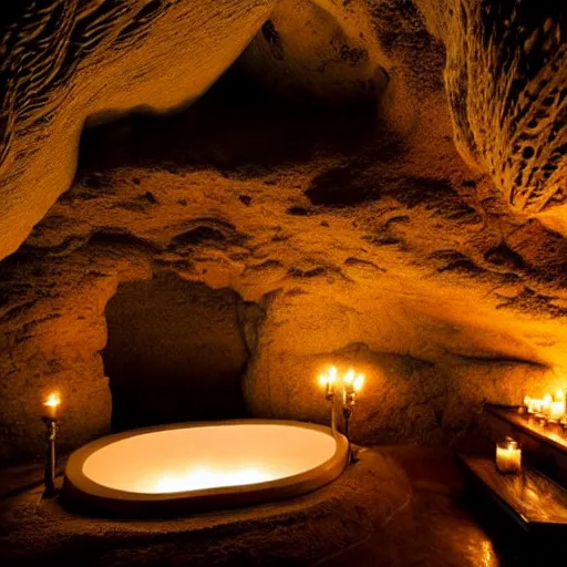 Image similar to cozy bathhouse hidden in a cave, candlelight, low ceiling, towels, cushions, natural light, lush plants and flowers, elegant, intricate, fantasy, atmospheric lighting,