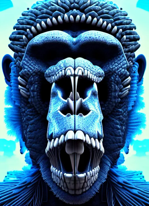 Image similar to 3 d ape shaman profile portrait, sigma 5 0 0 mm f / 5. beautiful intricate highly detailed quetzalcoatl skull and feathers. bioluminescent, plasma, lava, ice, water, wind, creature, thunderstorm! artwork by tooth wu and wlop and beeple and greg rutkowski, 8 k trending on artstation,