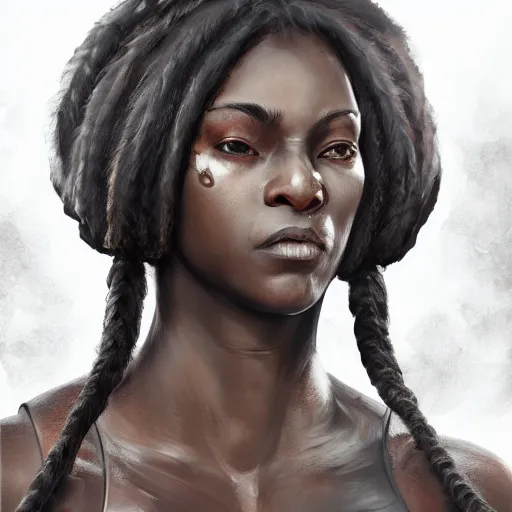 Image similar to beautiful, very strong, african american, female, middle aged, face, no makeup, no tattoos, warrior, battle hardened, head shot, fantasy, highly detailed, digital painting, artstation, concept art, smooth, sharp focus, illustration, art by jodie muir and brom