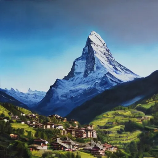 Prompt: a super majestic, beautiful strange true to life hyperrealistic oil painting depicting zermatt with the matterhorn in the background. 1 6 k resolution. vivid light and colors. fantasical