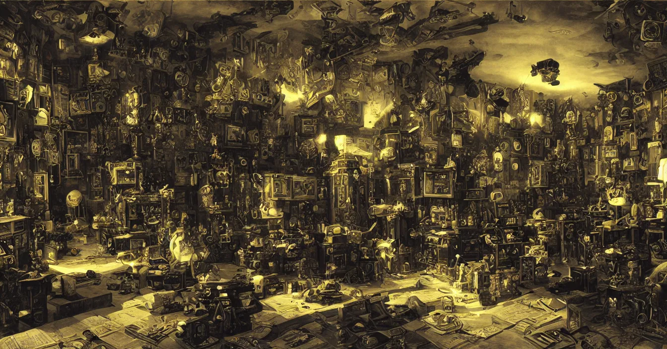 Image similar to Wide view of a room interior of strange hardware geek from far future, full of various electronic hardware components, devices and instruments, incredible sharp detail, back light contrast, dramatic dark atmosphere, bright vivid colours, reclections, metal speculars, painted by Asher Brown Durand , Gustave Dore, George Inness, Martin Johnson Heade