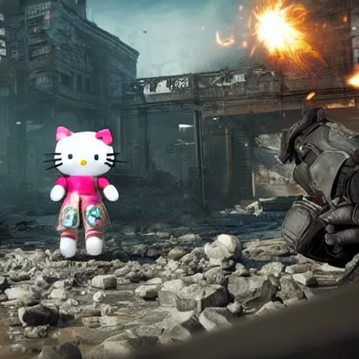 Image similar to Hello Kitty in Gears of War, splash art, movie still, detailed face, cinematic lighting, color, dramatic, octane render, long lens, shallow depth of field, bokeh, anamorphic lens flare, 8k, hyper detailed, 35mm film grain