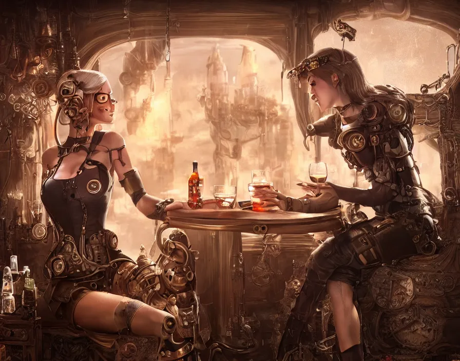 Prompt: a cyborg girl drinking jn fantasy airship tavern, steampunk, realistic fingers, realistic body, realistic clothing, beautiful texture, beautiful graphics, fantasy artwork, very beautiful scenery, hd, hdr, ue 5, ue 6, unreal engine 5, cinematic 4 k wallpaper, 8 k, ultra detailed